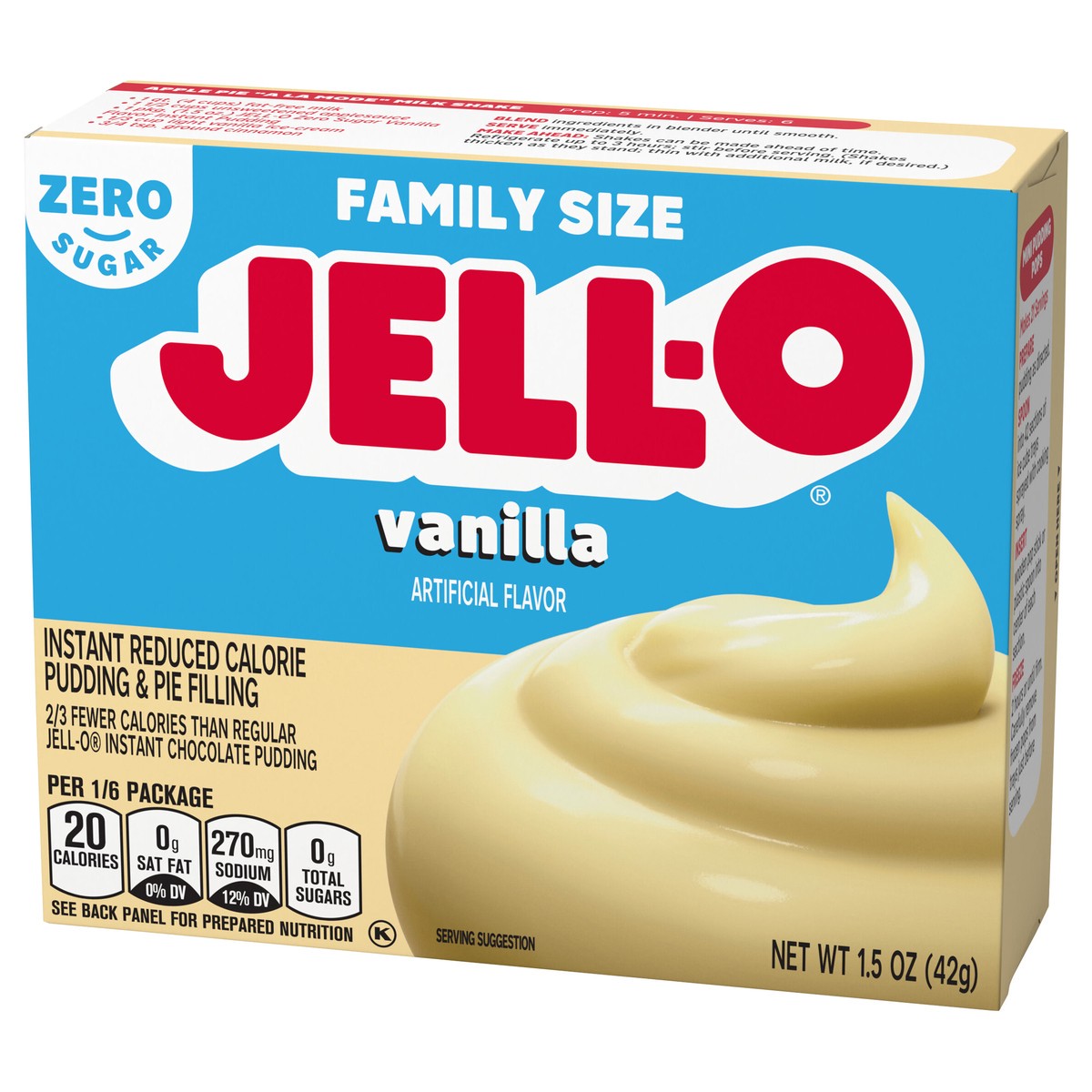 slide 2 of 9, Jell-O Vanilla Artificially Flavored Zero Sugar Instant Reduced Calorie Pudding & Pie Filling Mix, Family Size, 1.5 oz Box, 1.5 oz