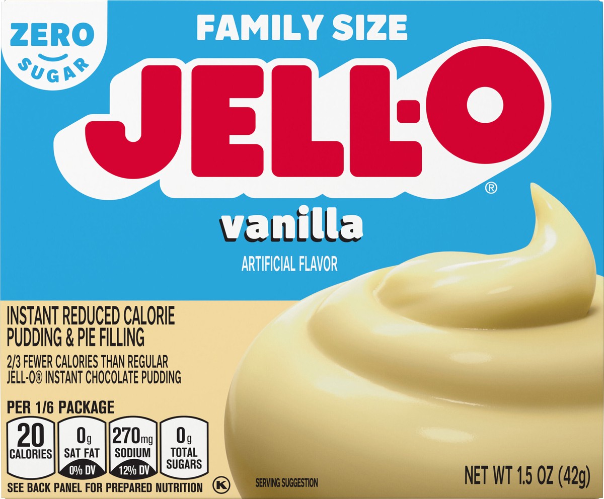 slide 8 of 9, Jell-O Vanilla Artificially Flavored Zero Sugar Instant Reduced Calorie Pudding & Pie Filling Mix, Family Size, 1.5 oz Box, 1.5 oz