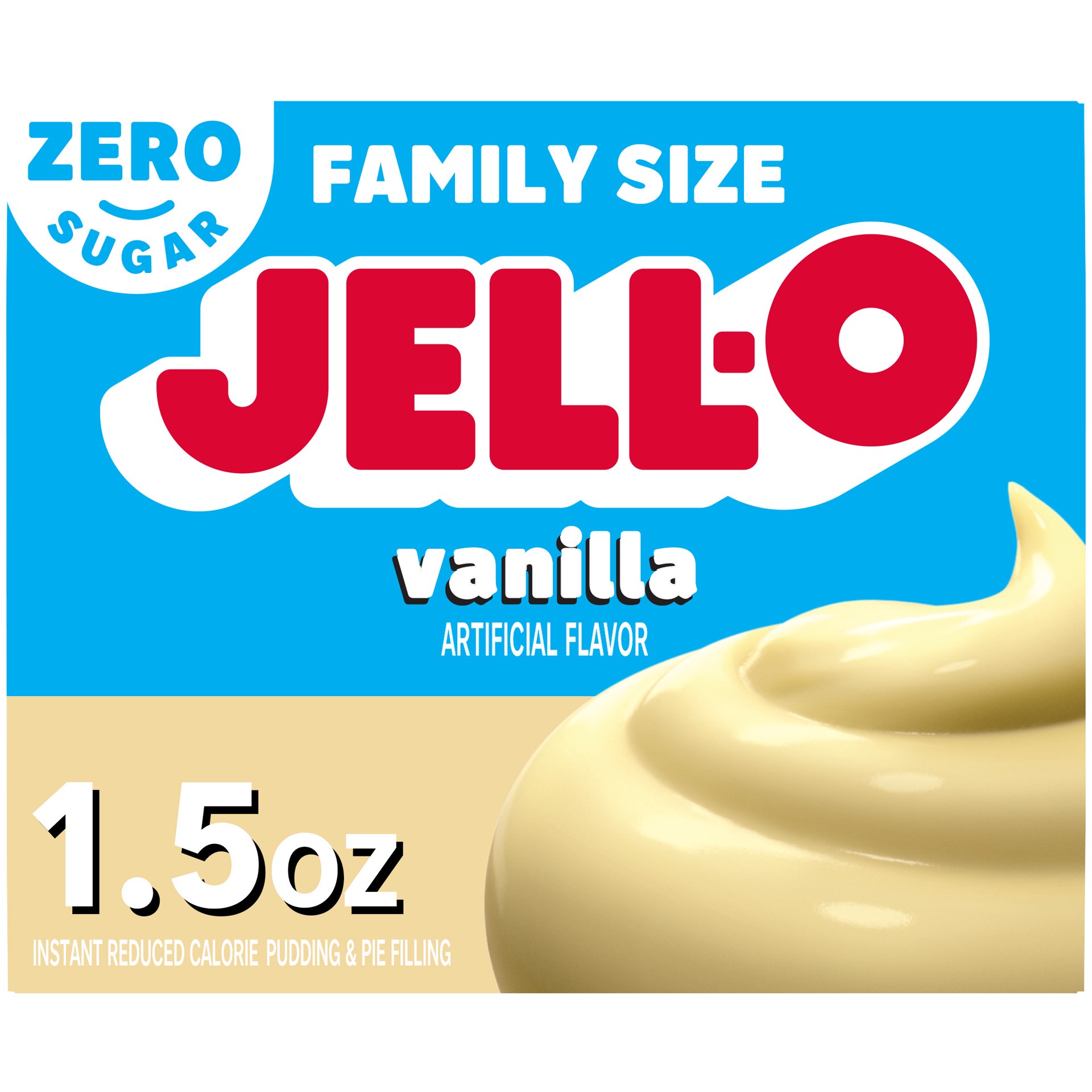 slide 1 of 9, Jell-O Vanilla Artificially Flavored Zero Sugar Instant Reduced Calorie Pudding & Pie Filling Mix, Family Size, 1.5 oz Box, 1.5 oz