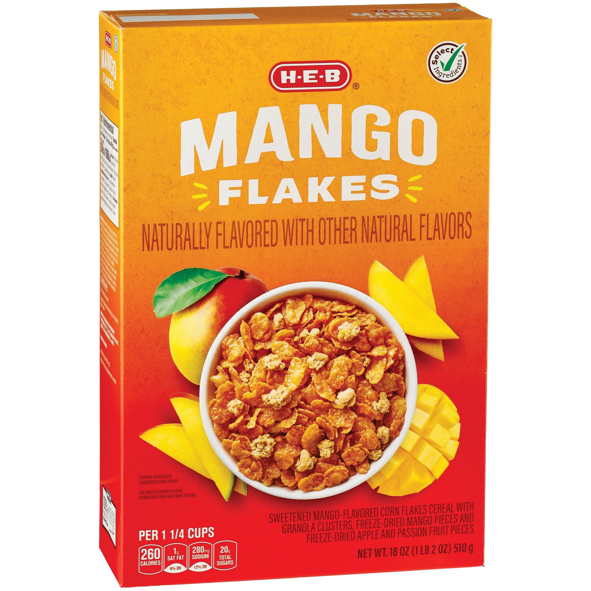 slide 1 of 1, H-E-B Select Ingredients Mango Flakes Cereal, 18 oz