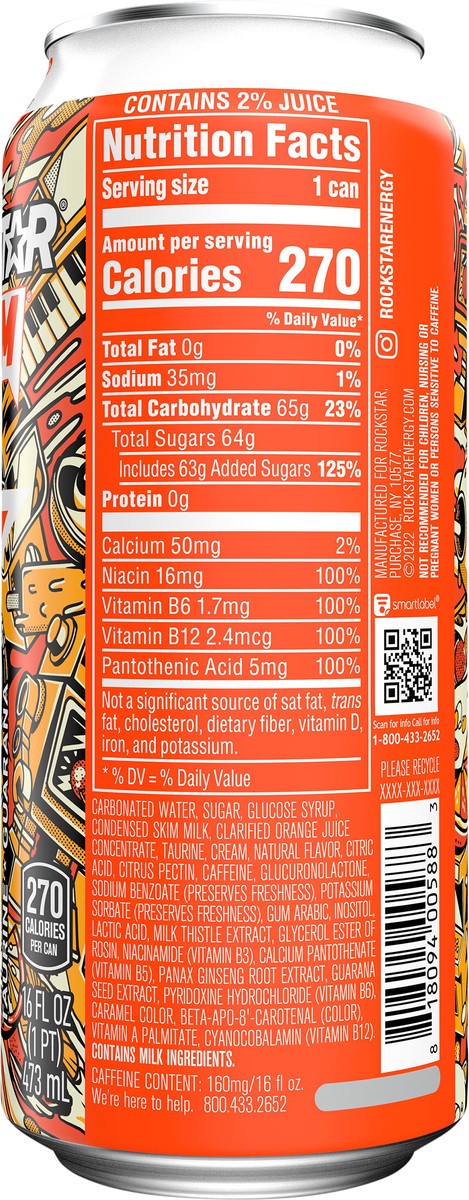 Rockstar Energy Drinks Refreshing Boom Whipped Orange Flavor 16 Oz