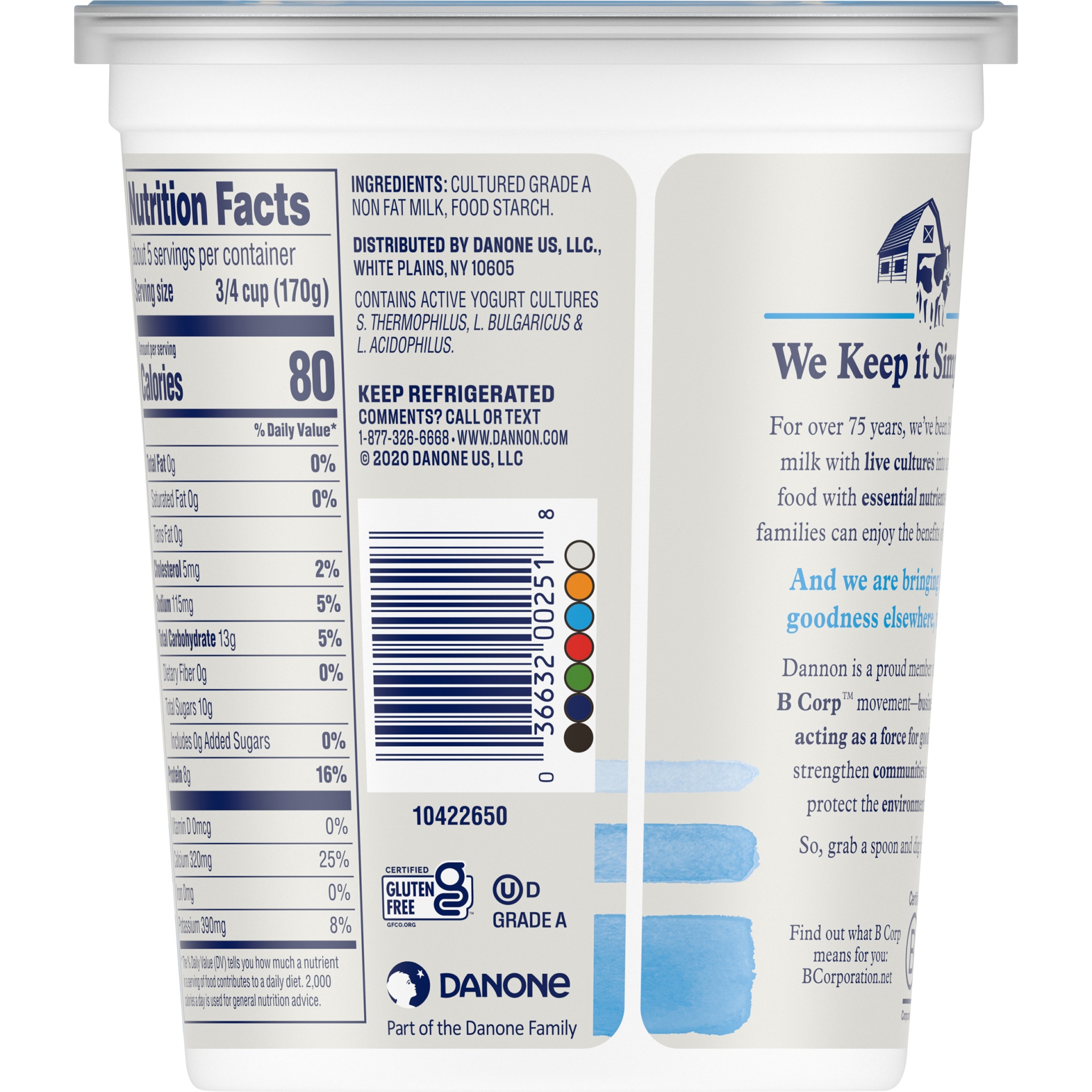 slide 4 of 7, Dannon Nonfat Non-GMO Project Verified Plain Yogurt, 32 oz