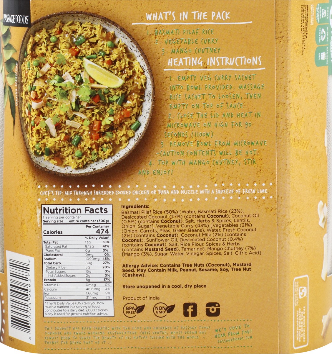 slide 5 of 9, Passage to India 90 Second Mild Goan Spice Coconut with Basmati Pilaf Rice Veg Curry Bowl 10 oz, 10 oz