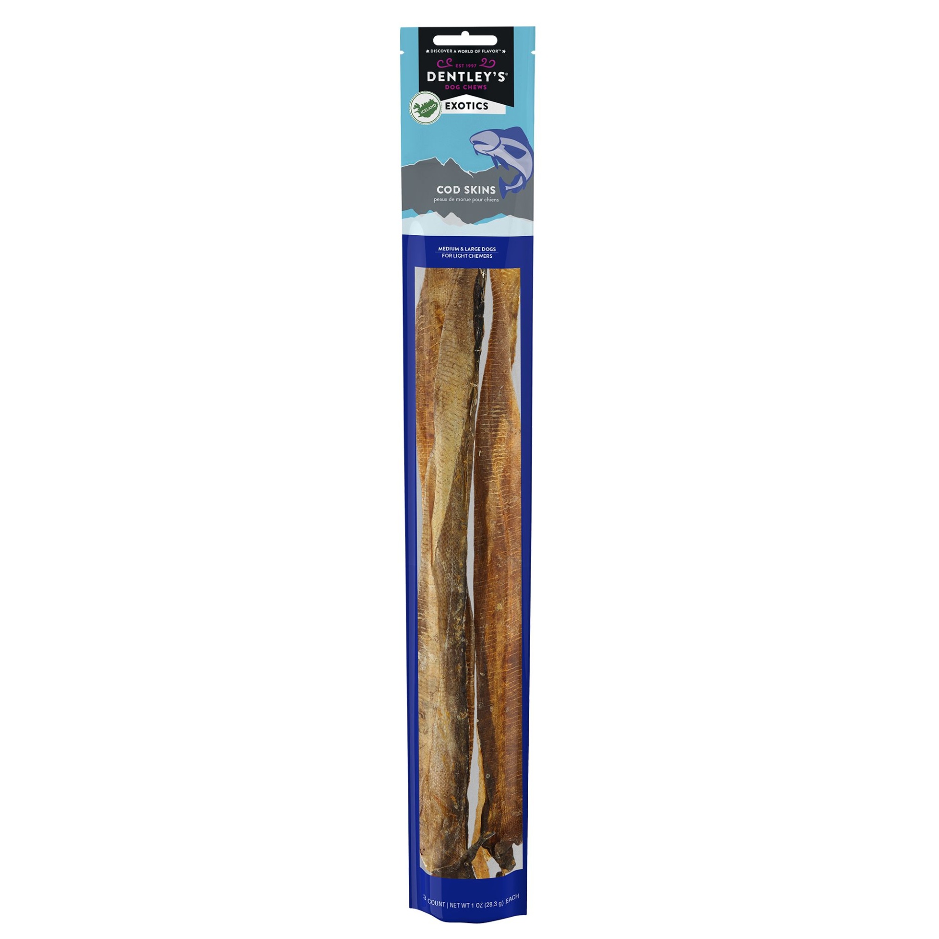 slide 1 of 1, Dentley's Iceland Cod Skins Dog Chew, 3 ct