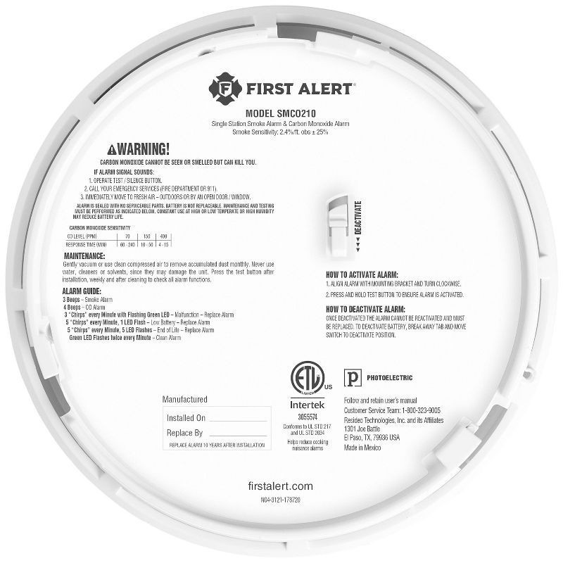 slide 7 of 7, First Alert Alarm Combo DC Slim SMCO210 Clam Tray: Smoke & Carbon Monoxide Detector, Fire Alarm, Lithium Battery, White, 1 ct