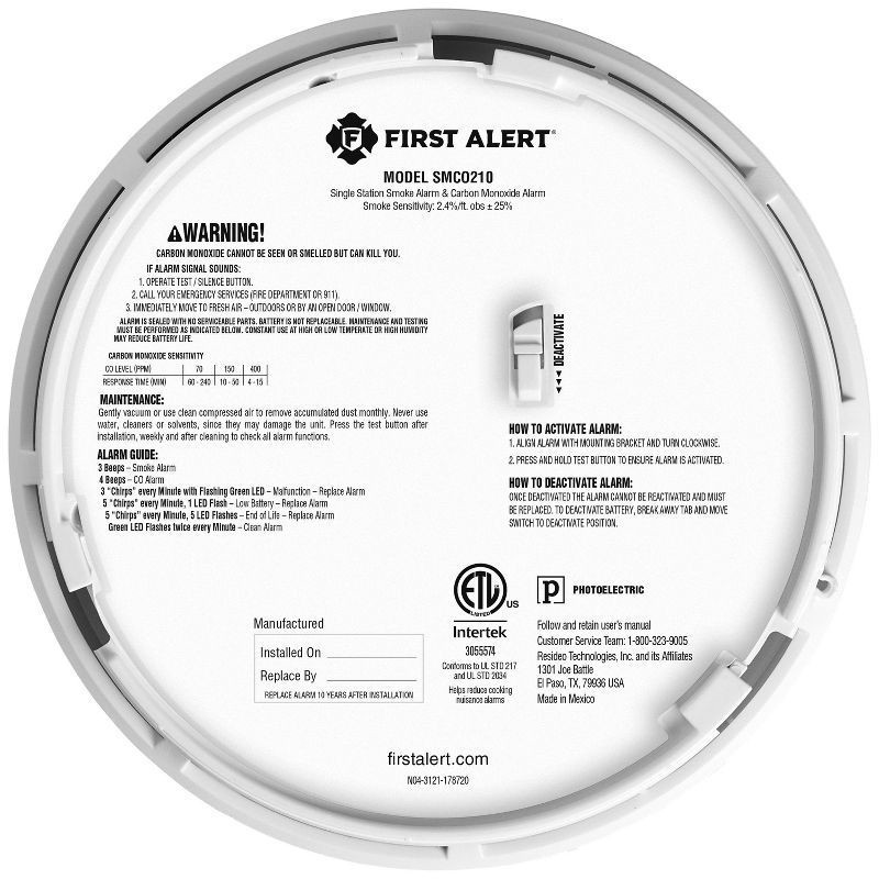 slide 5 of 7, First Alert Alarm Combo DC Slim SMCO210 Clam Tray: Smoke & Carbon Monoxide Detector, Fire Alarm, Lithium Battery, White, 1 ct