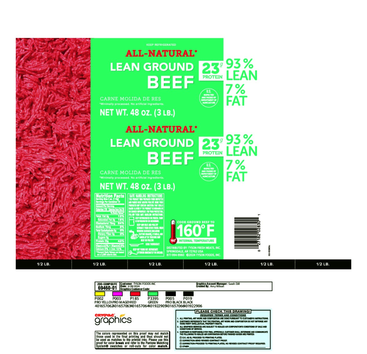 slide 2 of 7, Tyson All Natural* 93% Lean/7% Fat Ground Beef Roll, 3 lb, 48 oz