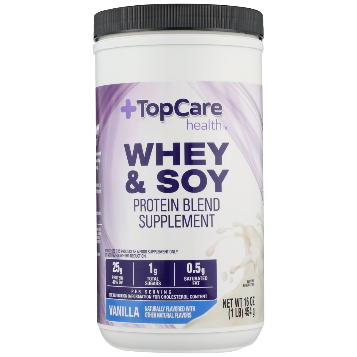 slide 12 of 13, TopCare Whey & Soy Protein 25 G Blend Supplement Powder, Vanilla, 16 oz