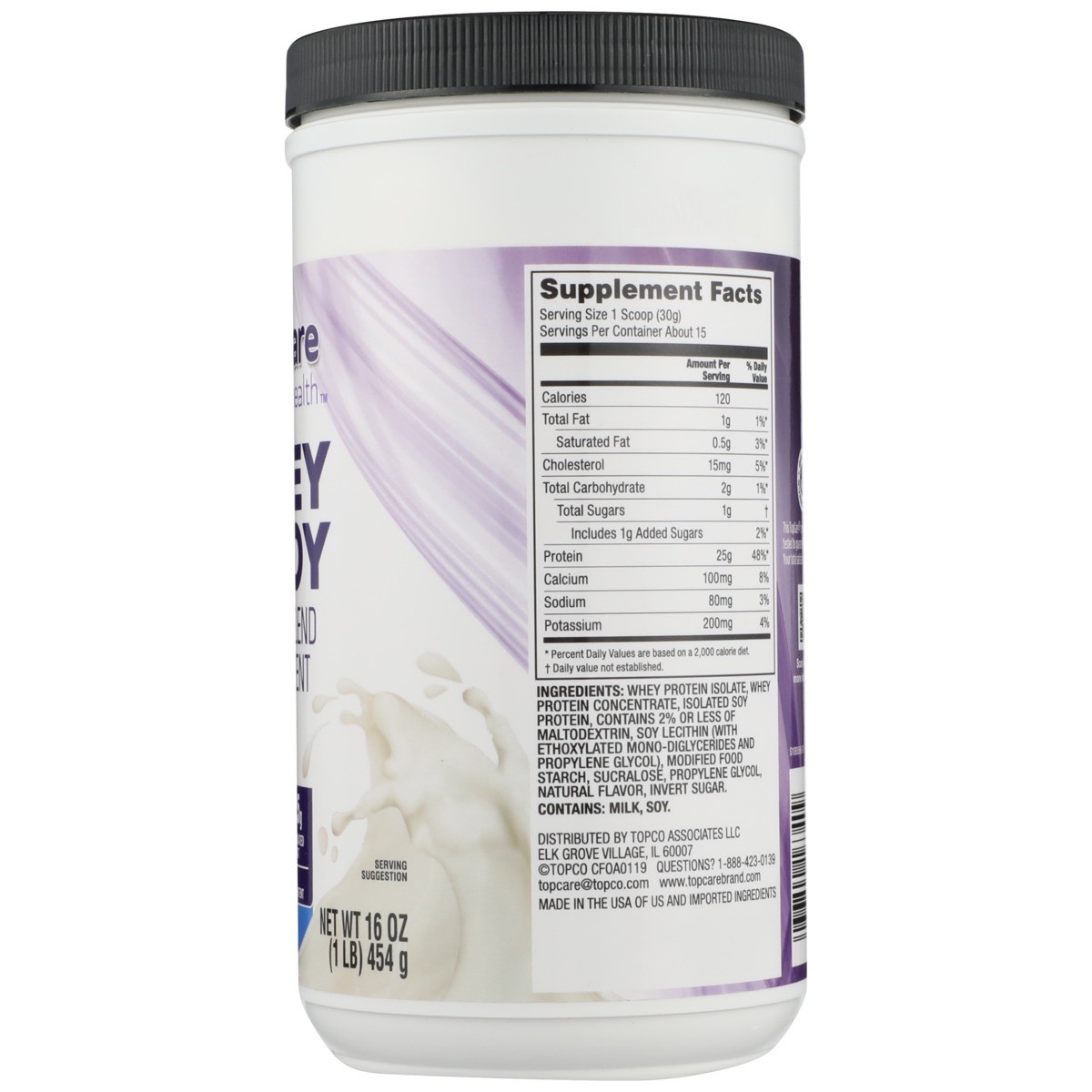 slide 3 of 13, TopCare Whey & Soy Protein 25 G Blend Supplement Powder, Vanilla, 16 oz