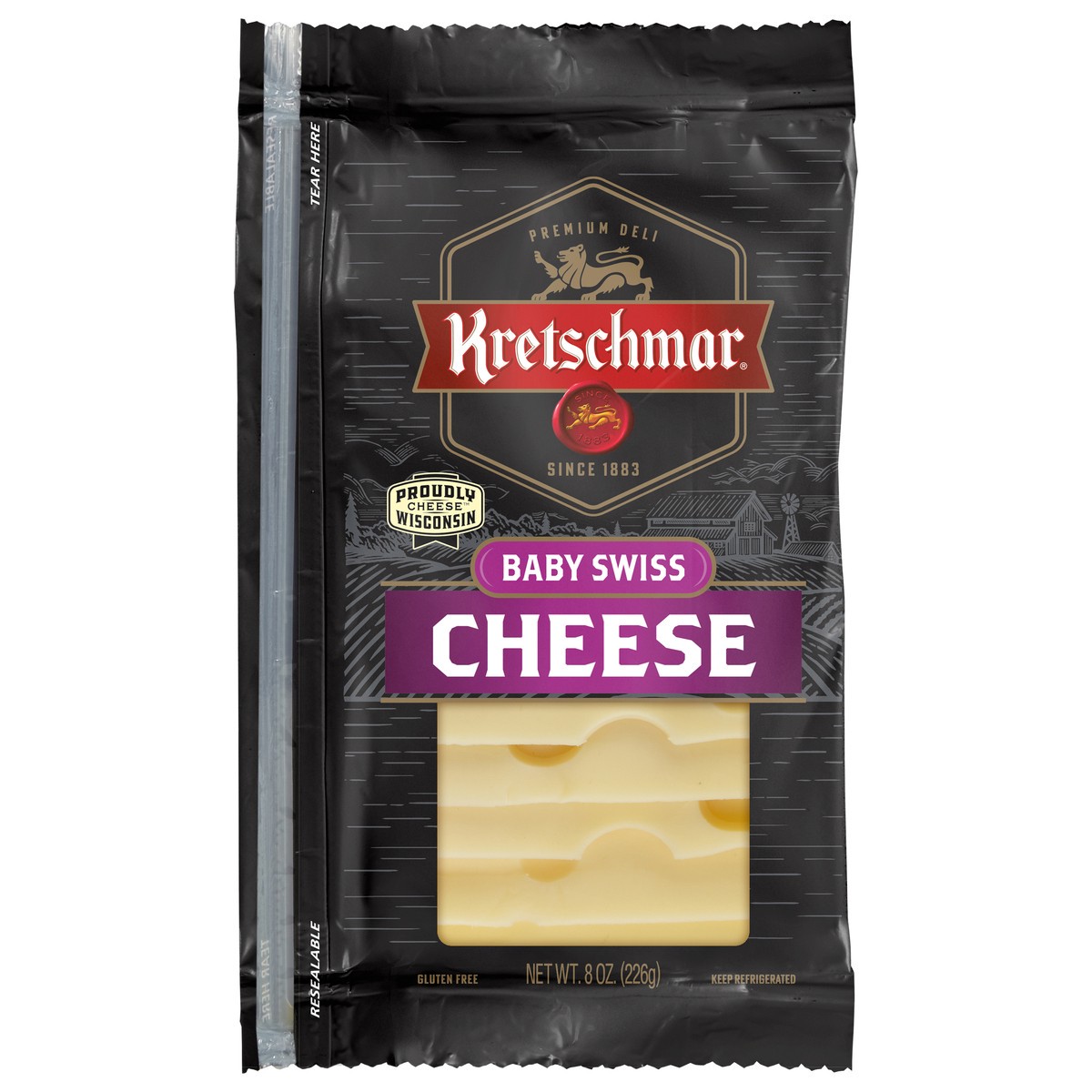 slide 1 of 3, Kretschmar Premium Deli Pre Sliced Baby Swiss Cheese, 8 oz, 