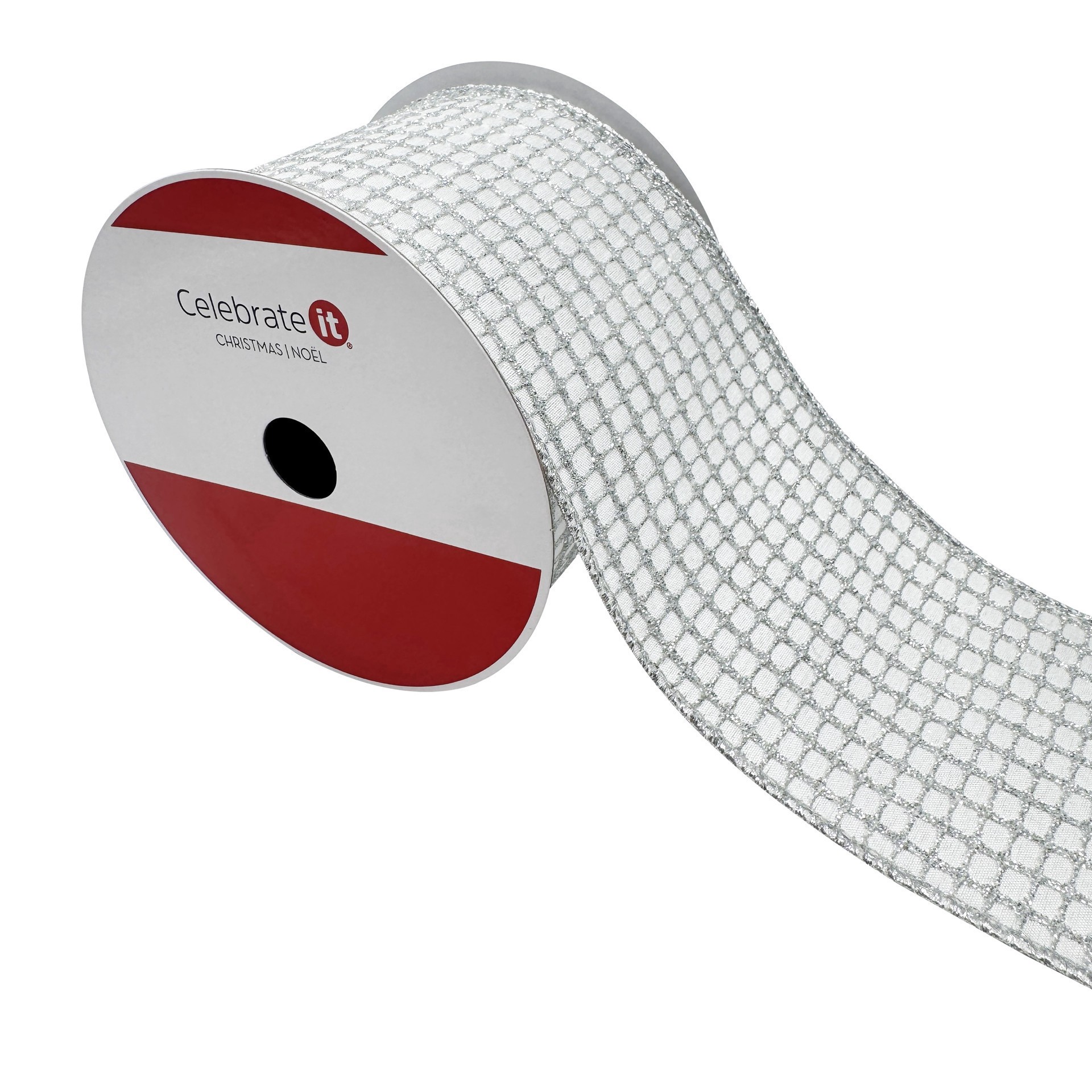 slide 3 of 3, 3.5" X 15ft. Cream & Silver Glitter Grid Wired Ribbon By Celebrate It, 3.5 in x 15 ft