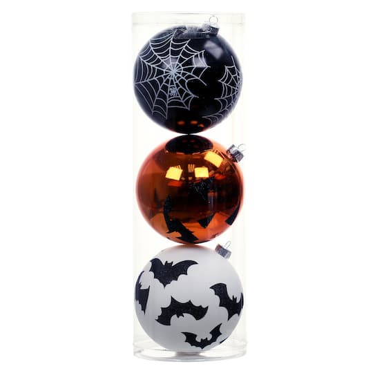 slide 1 of 3, 3 Pack 4.75" Spiderweb, Bat & Jack-O'-Lantern Shatterproof Ornaments By Ashland, 3 ct