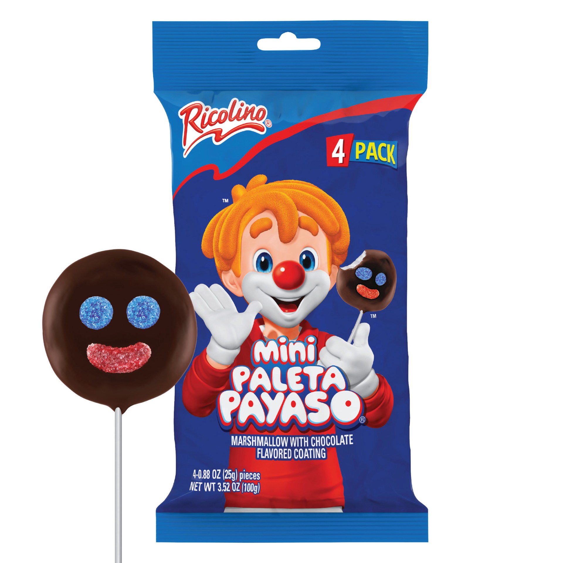 slide 1 of 5, Ricolino Mini Paleta Payaso  Chocolate Marshmallow Lollipop, 3.98 oz