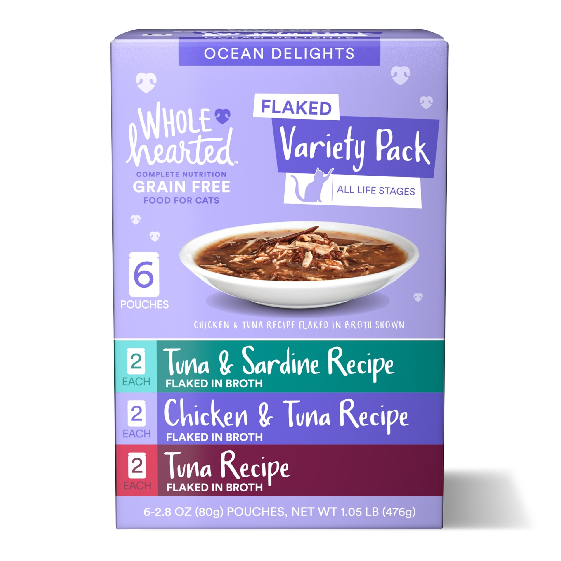 slide 1 of 1, WholeHearted Grain Free Ocean Delights Flaked Wet Cat Food Variety Pack for All Life Stages, 2.8 oz