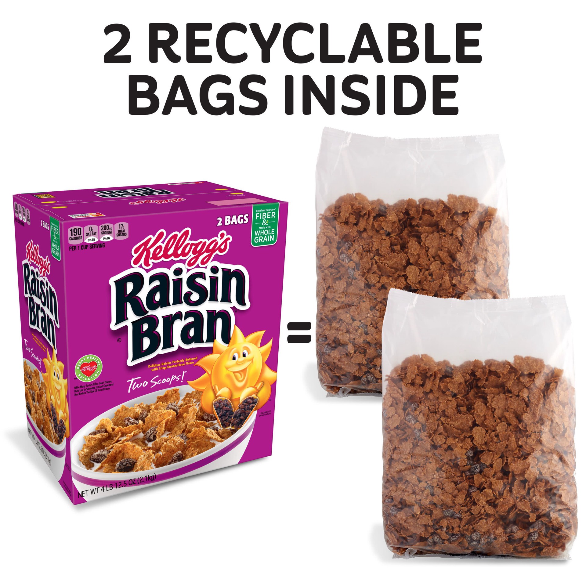 slide 4 of 5, Raisin Bran Kellogg's Raisin Bran Breakfast Cereal, Family Breakfast, Fiber Cereal, Original, 76.5oz Box, 2 Bags, 4 lb 12.5 oz