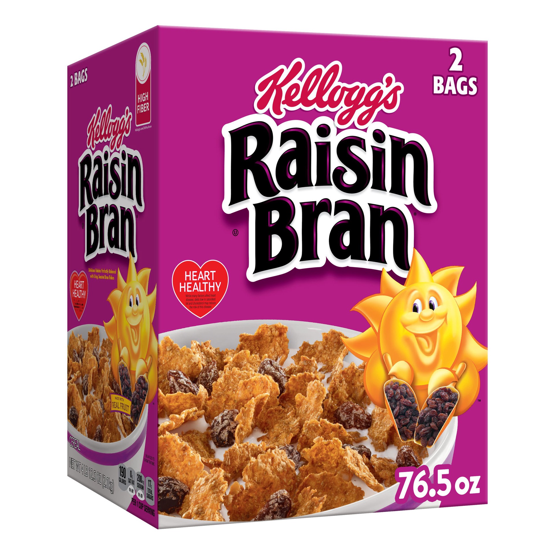 slide 1 of 5, Raisin Bran Kellogg's Raisin Bran Breakfast Cereal, Family Breakfast, Fiber Cereal, Original, 76.5oz Box, 2 Bags, 76.50 oz