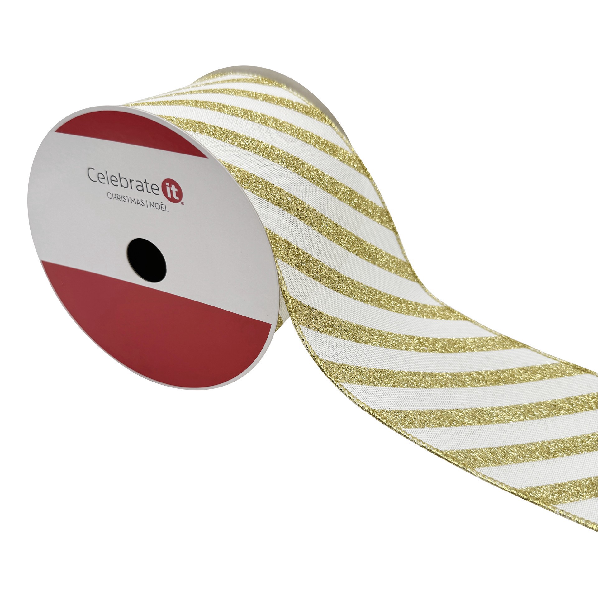 slide 2 of 3, 3.5" X 15ft. Gold Glitter Diagonal Stripes Wired Faux Linen Ribbon By Celebrate It, 3.5 in x 25 ft