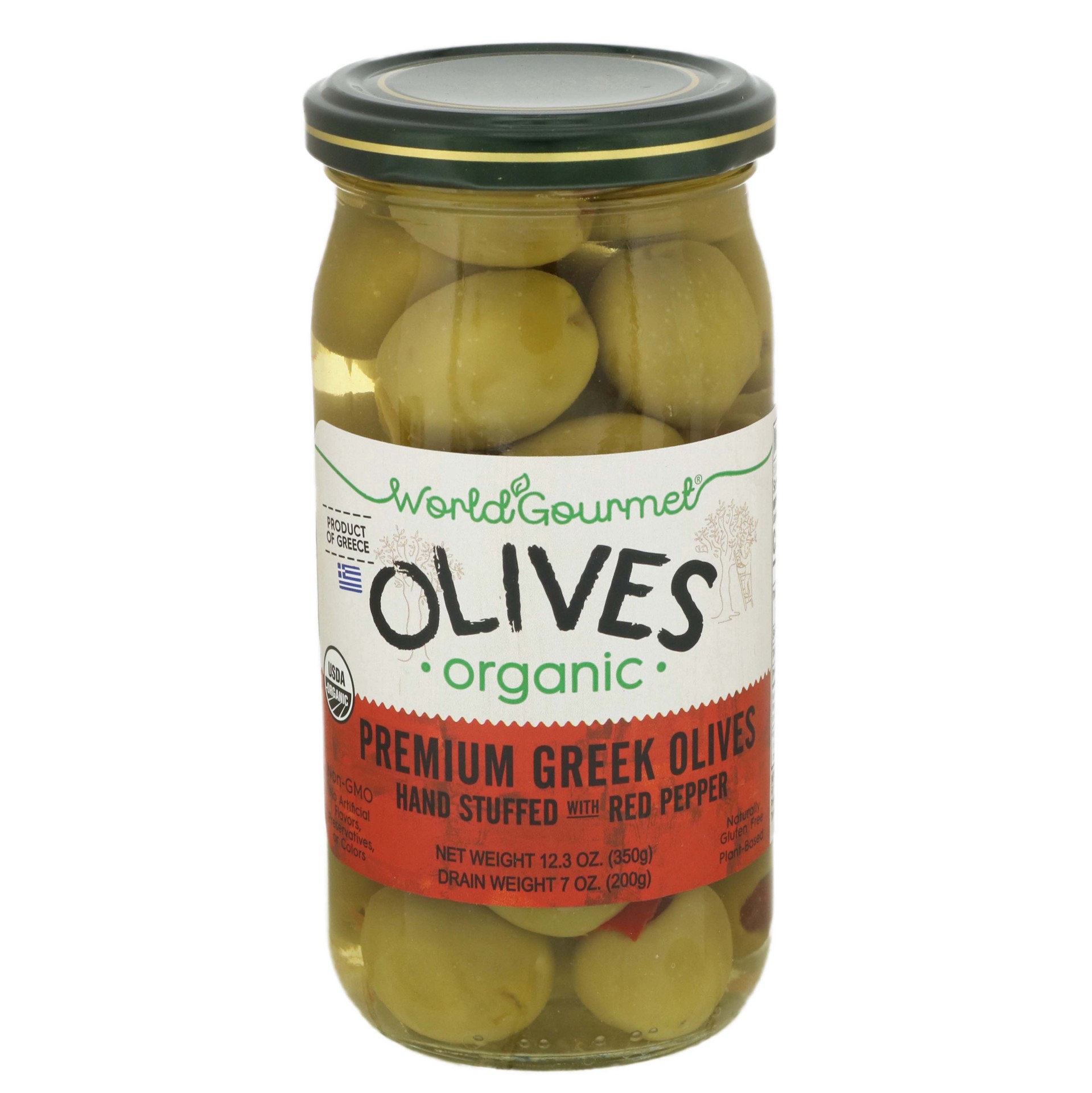 slide 1 of 1, World Gourmet Organic Olives Stuffed with Red Peppers, 12.3 oz