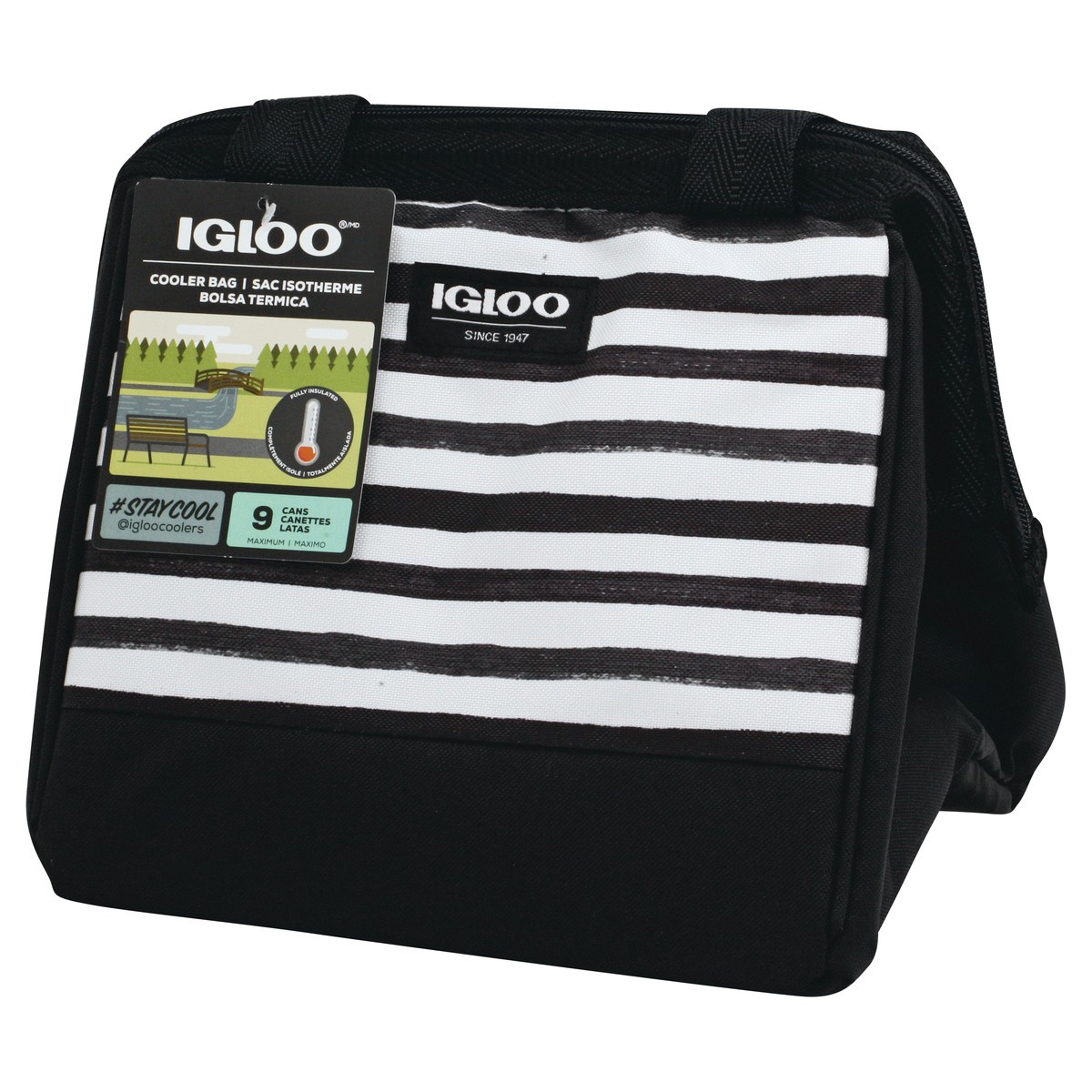 slide 3 of 8, Igloo Cooler Bag, Black/White Stripes, Leftover Tote, 9 Cans, 1 ct