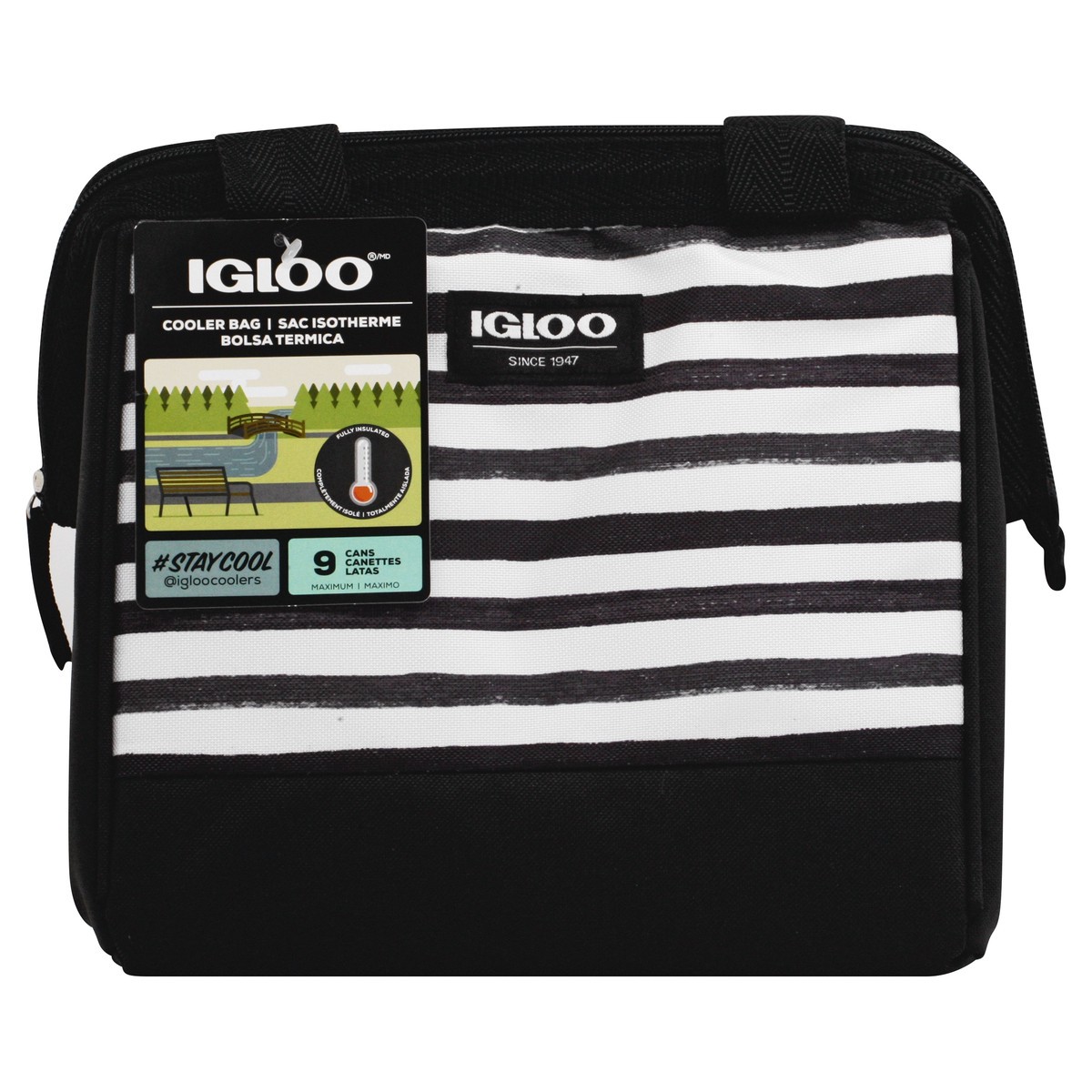 slide 1 of 8, Igloo Cooler Bag, Black/White Stripes, Leftover Tote, 9 Cans, 1 ct