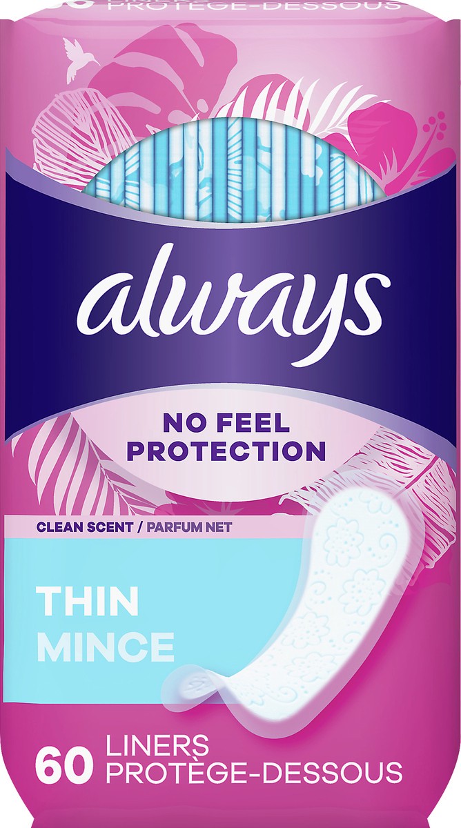 slide 5 of 5, Always Daily Liners Thin Nofeel Protection Regular Cleanscnt, 60 ct