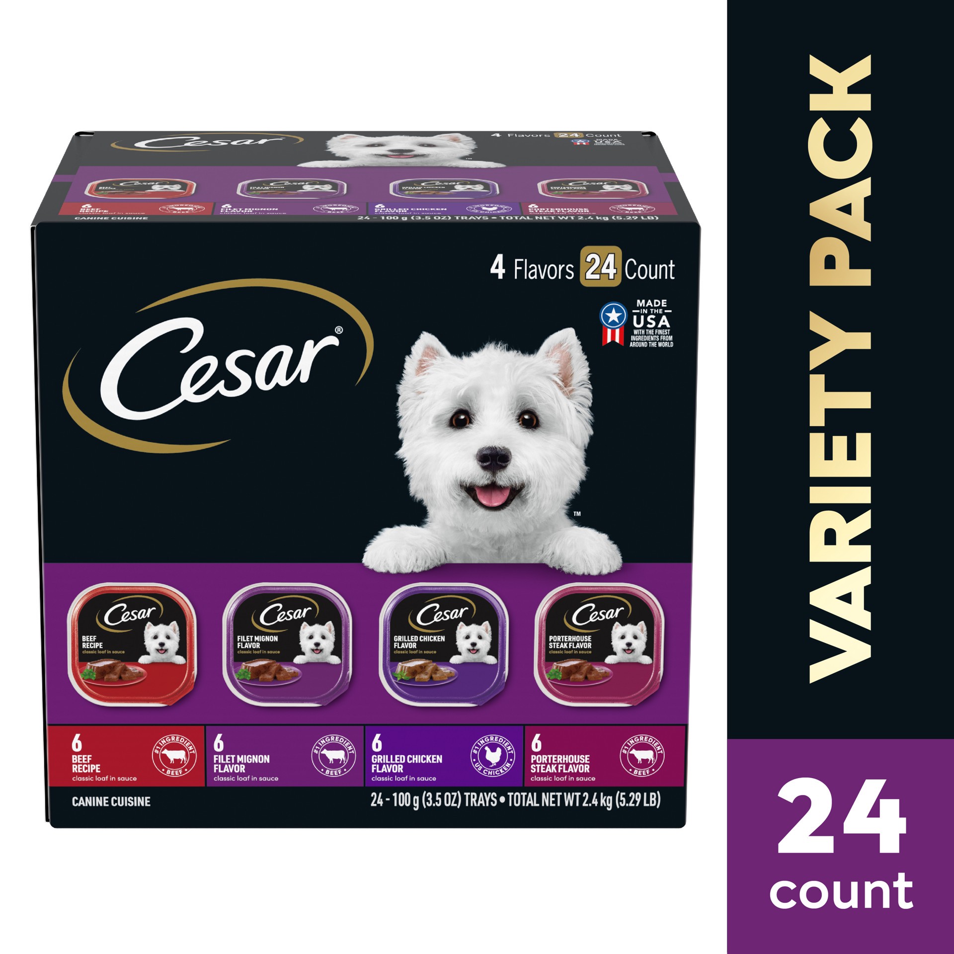 slide 1 of 5, Cesar Classic Loaf in Sauce with Beef, Filet Mignon, Chicken, Porterhouse Steak Adult Wet Dog Food - 3.5oz/24ct, 