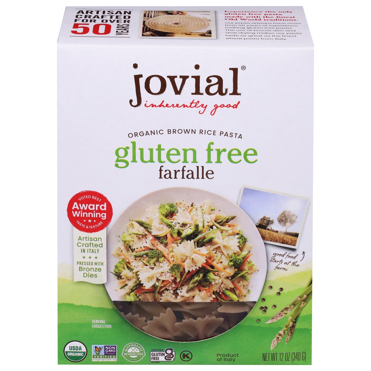 slide 1 of 1, Jovial Organic Gluten Free Brown Rice Farfalle Pasta, 12 oz