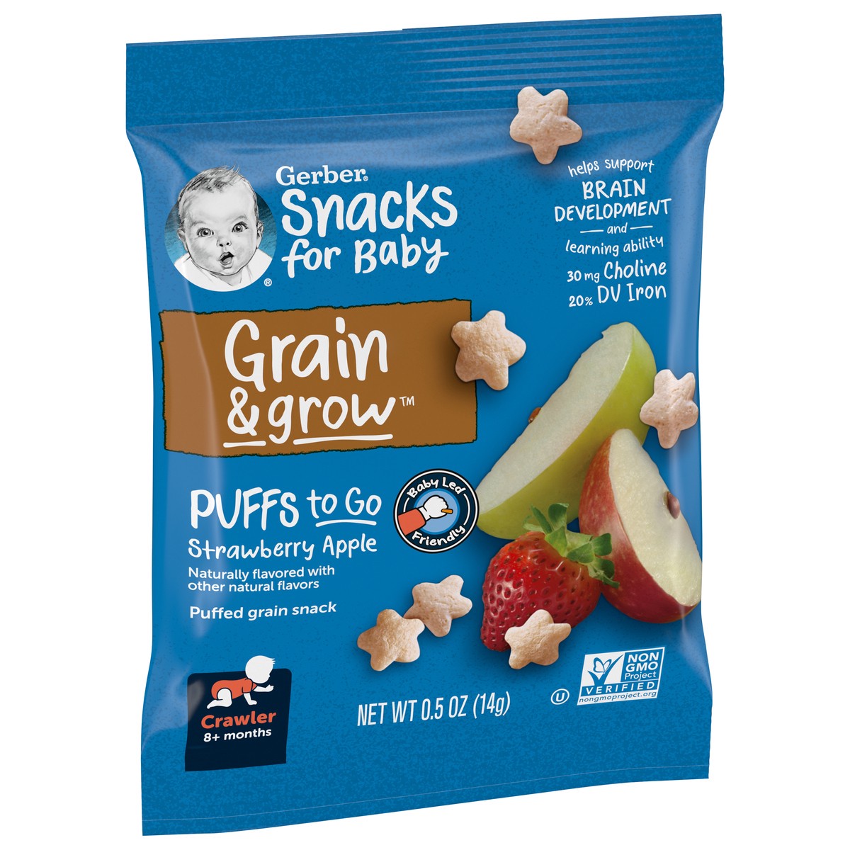 slide 6 of 9, Gerber Grain & Grow 8+ Months Crawler Strawberry Apple Puffed Grain Snack 0.5 oz, 0.5 oz