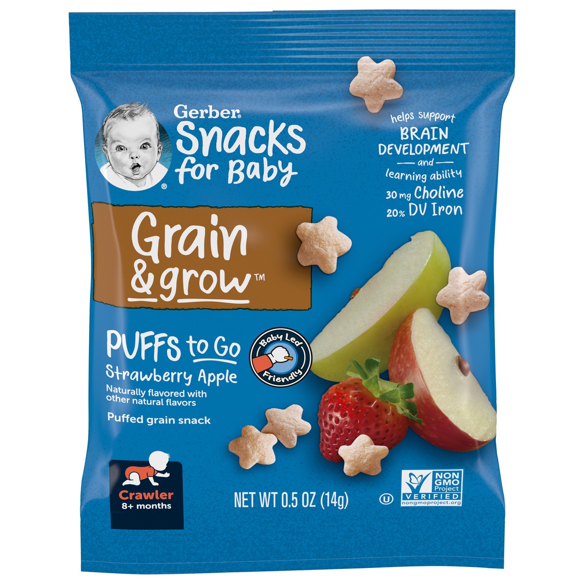 slide 1 of 9, Gerber Grain & Grow 8+ Months Crawler Strawberry Apple Puffed Grain Snack 0.5 oz, 0.5 oz