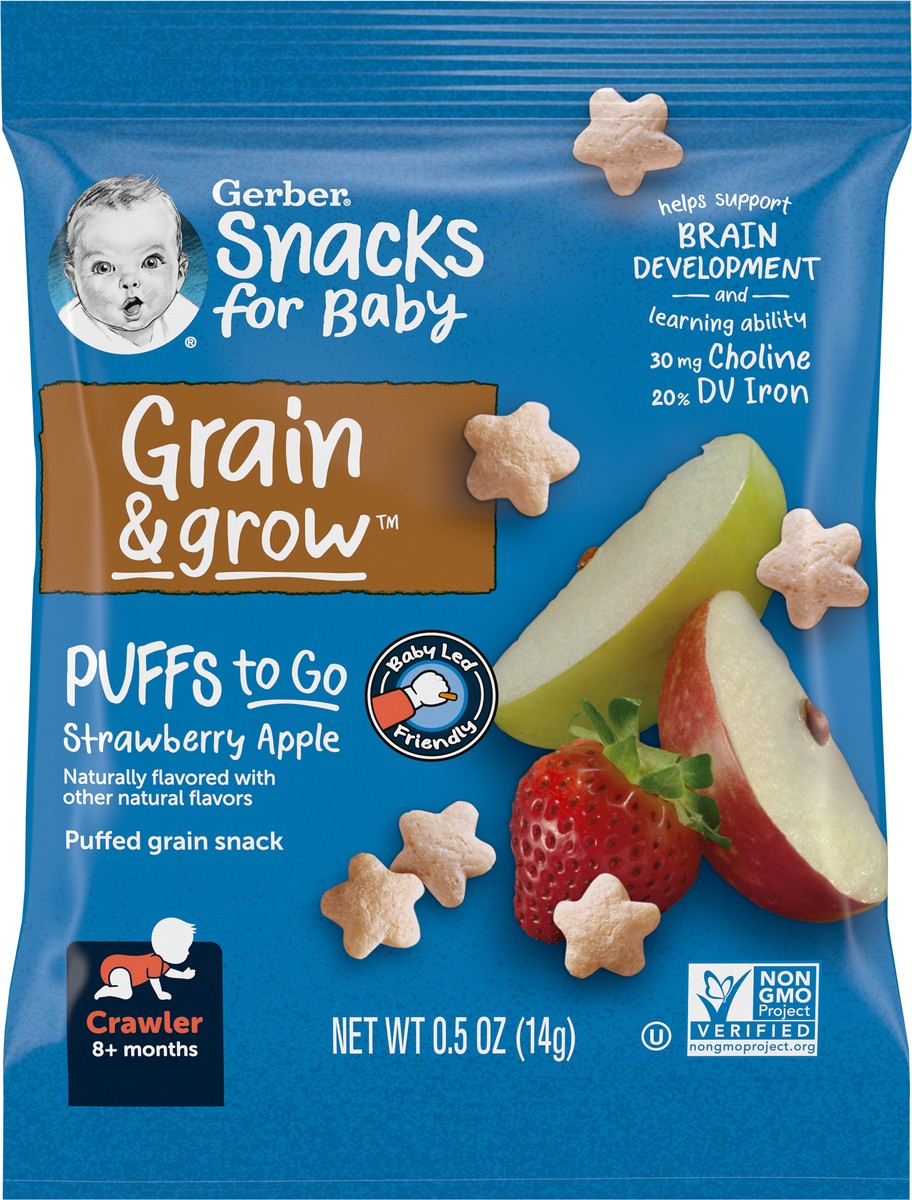 slide 9 of 9, Gerber Grain & Grow 8+ Months Crawler Strawberry Apple Puffed Grain Snack 0.5 oz, 0.5 oz