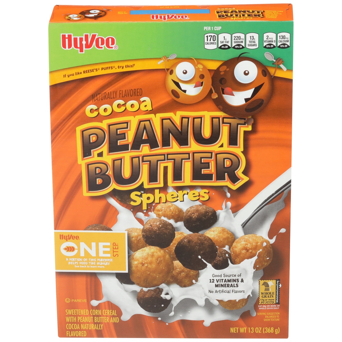 slide 1 of 1, Hy-Vee One Step Cocoa Peanut Butter Spheres Sweetened Corn Cereal With Peanut Butter And Cocoa, 13 oz
