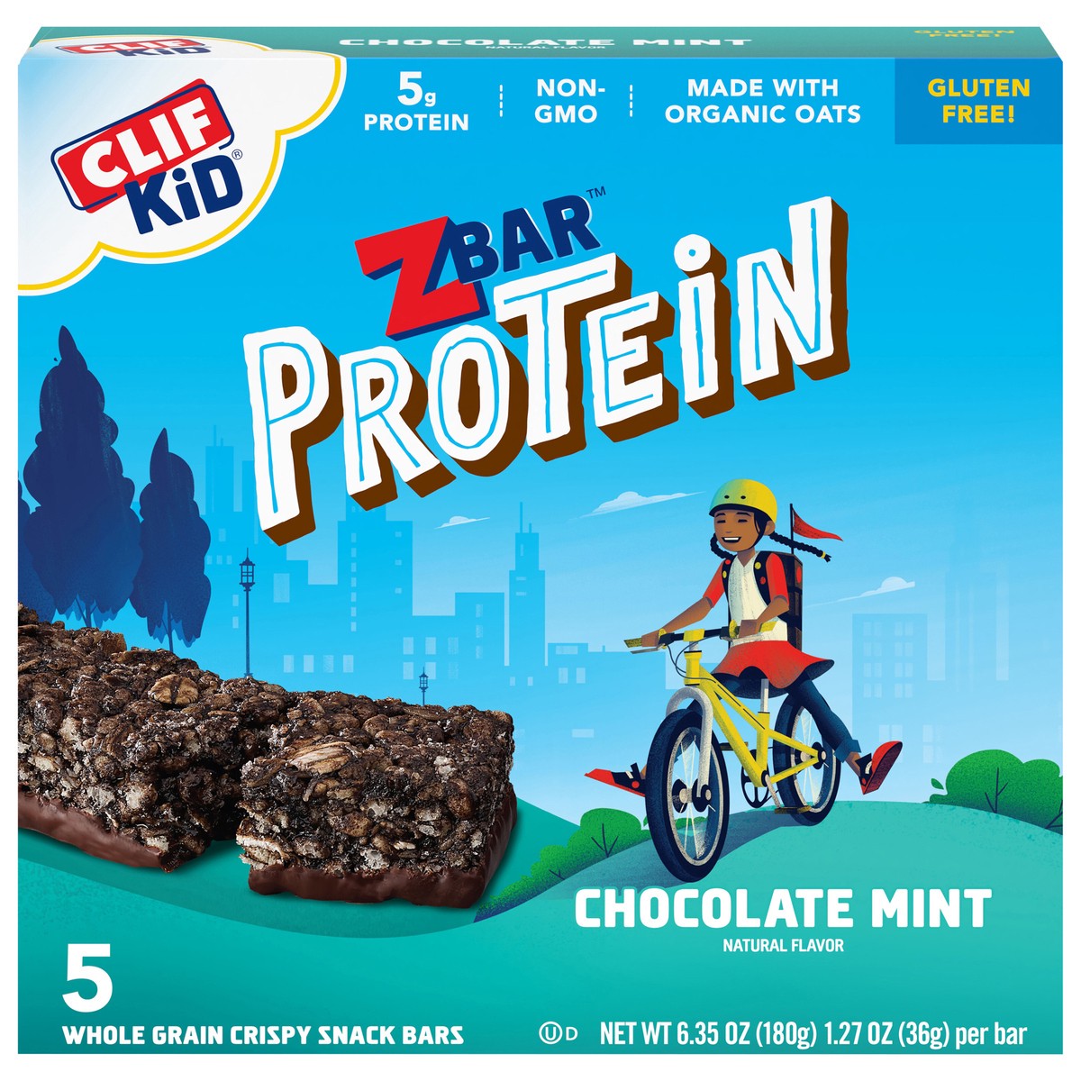slide 1 of 7, CLIF Kid Zbar Protein - Chocolate Mint - Crispy Whole Grain Snack Bars - Made with Organic Oats - Non-GMO - 5g Protein - 1.27 oz. (5 Pack), 5 ct; 1.27 oz