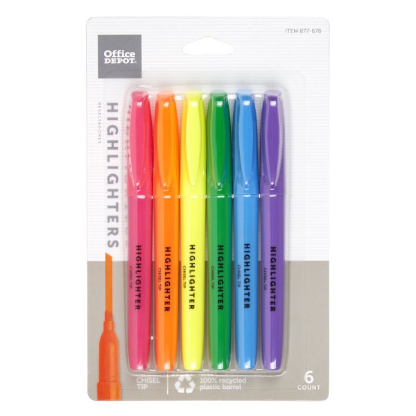 slide 1 of 7, Office Depot Brand Pen-Style Highlighters, 100% Recycled, Assorted Colors, Pack Of 6 Highlighters, 6 ct