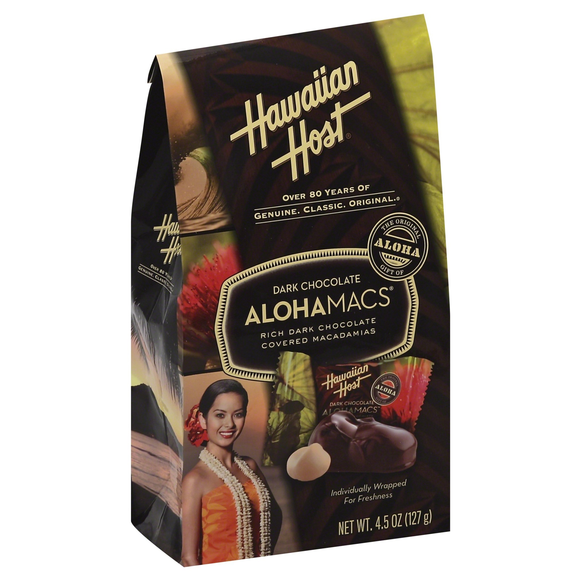 slide 1 of 1, Hawaiian Host Alohamacs Chewy Dark Chocolate Covered Macadamias, 4.5 oz