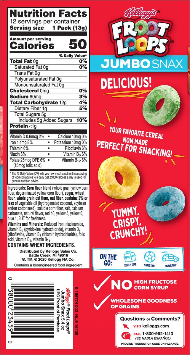 slide 5 of 6, Froot Loops Kellogg's Jumbo Snax Froot Loops Original Cereal Snacks, 12 ct