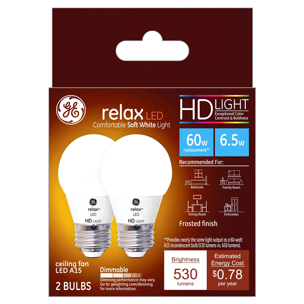 slide 1 of 1, GE Relax 5.5 Watts LED Soft White Light Bulbs 2 ea, 2 ct