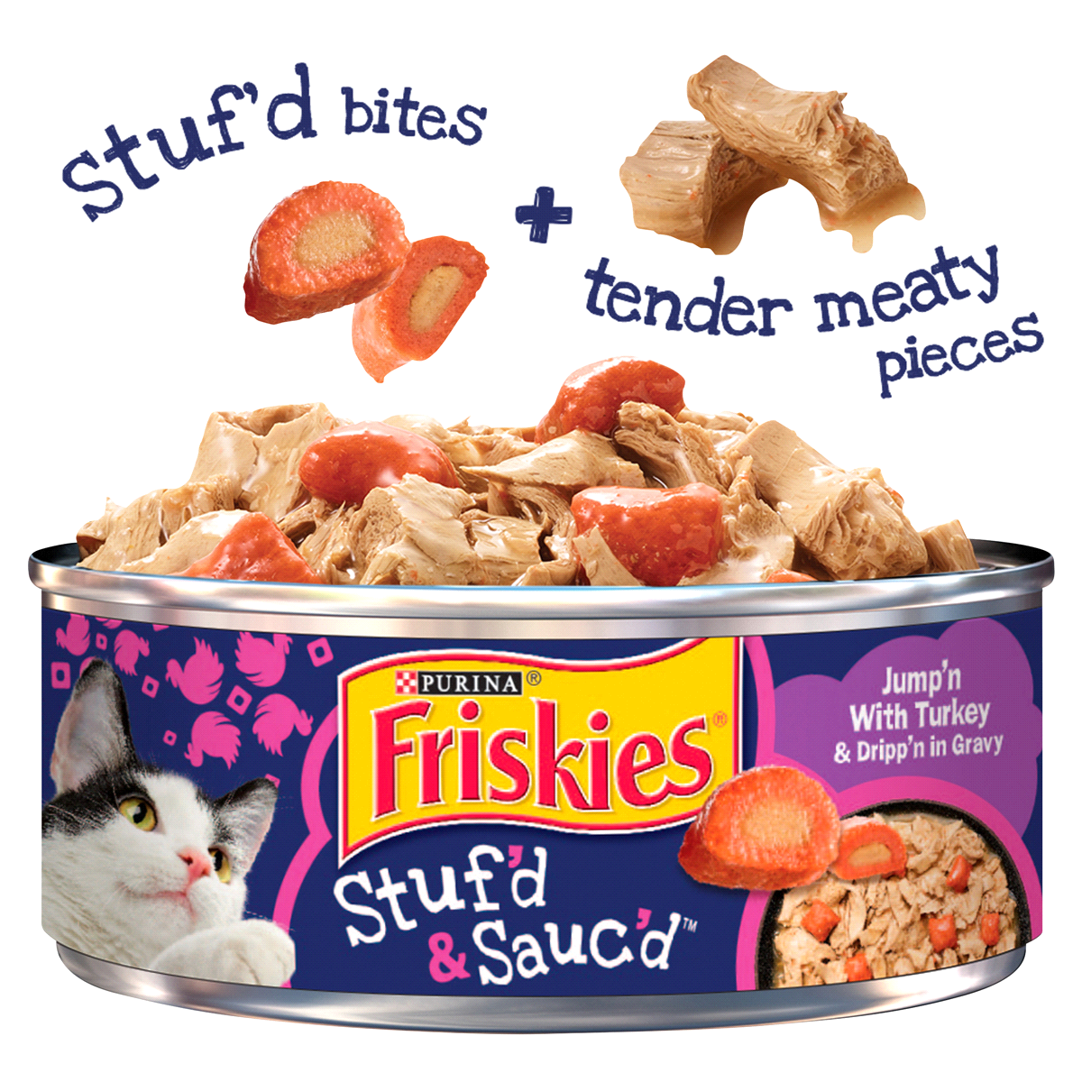 slide 1 of 1, Friskies Wet Cat Food Stuf'D & Sauc'D Jump'N With Turkey & Dripp'N In Gravy , 5.5 oz