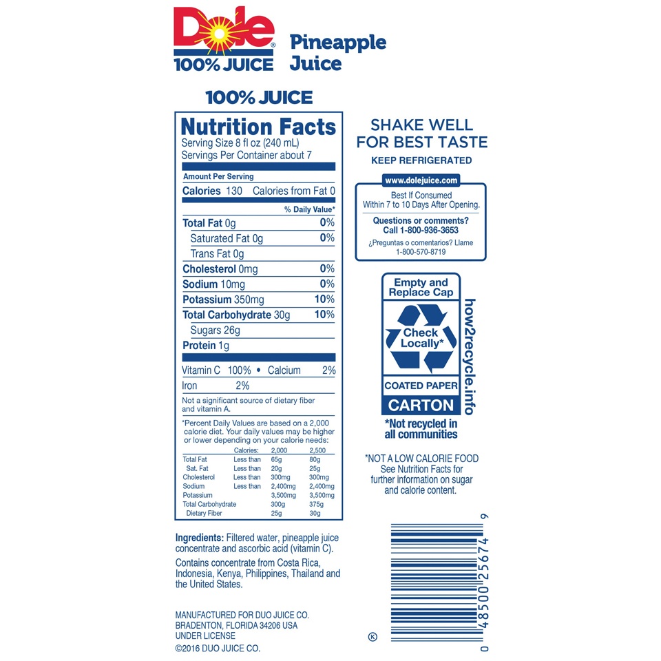 DOLE PINEAPPLE NUTRITIONAL INFORMATION visual data 5