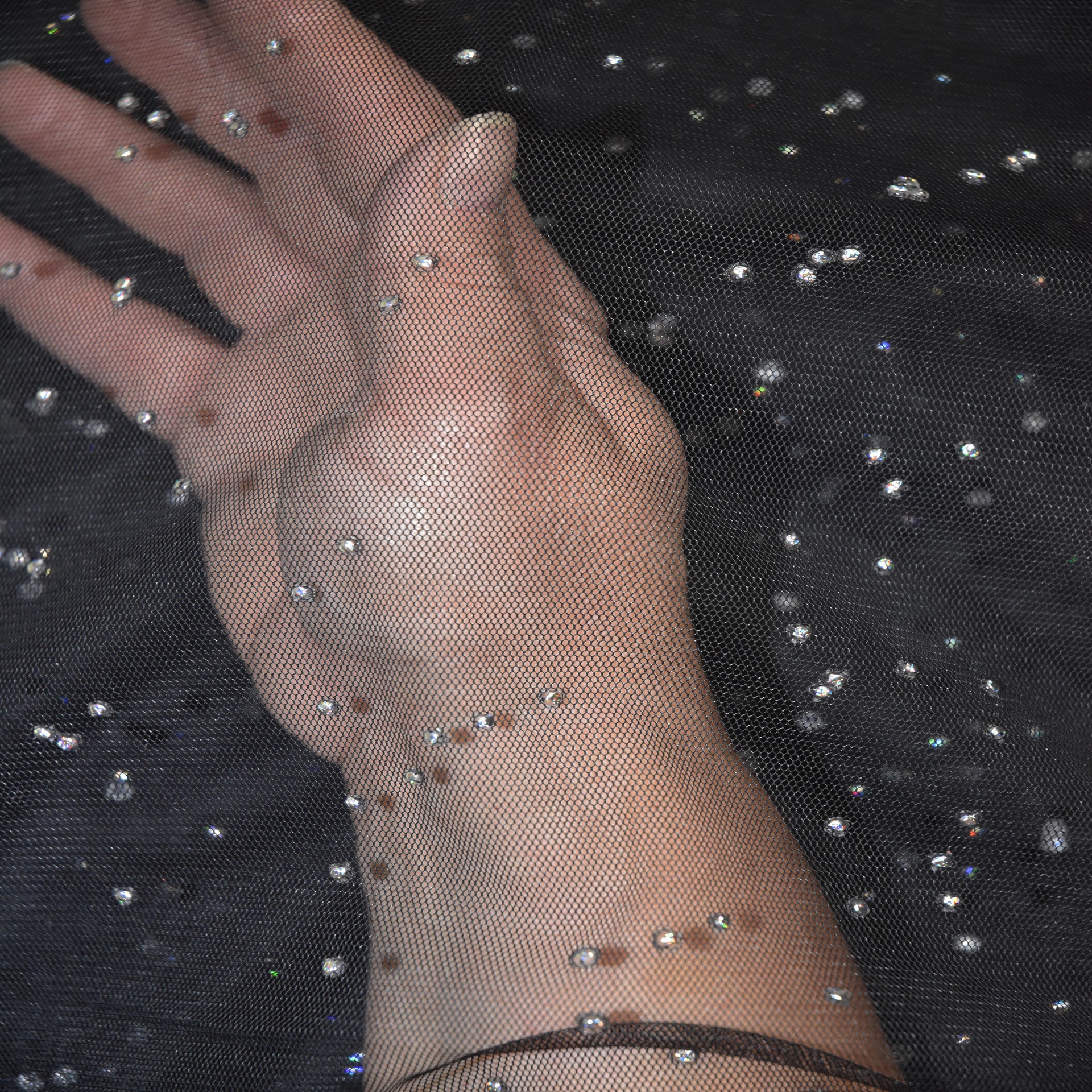 slide 3 of 5, Feldman Black With Silver Sparkles Mesh, 58 in