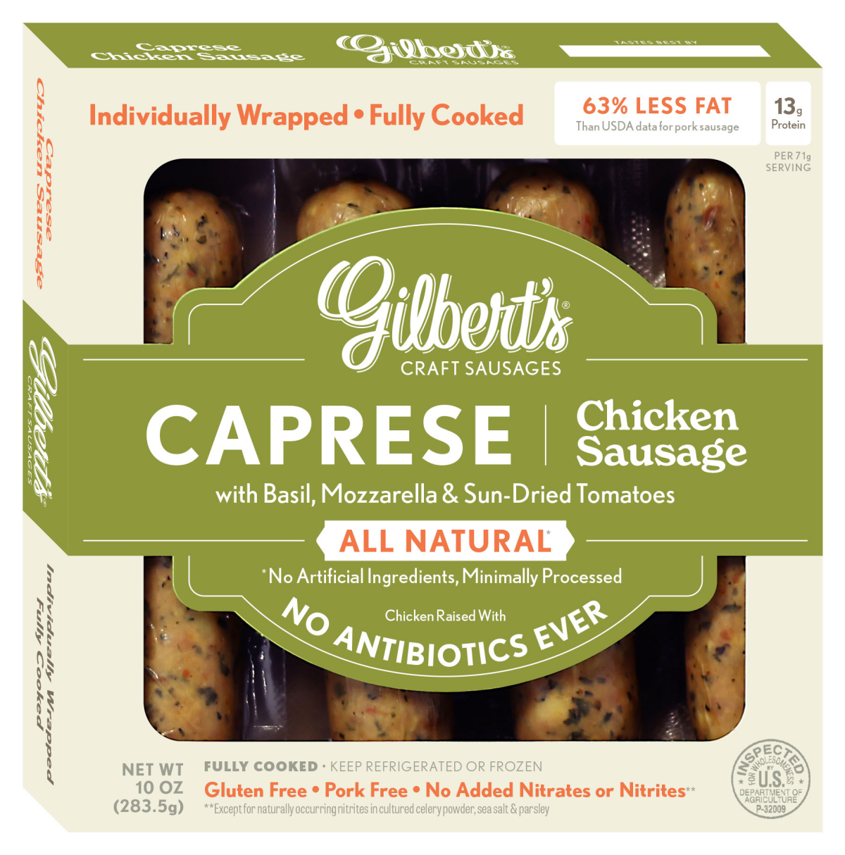 slide 1 of 3, Gilbert's Caprese With Basil Chicken Sausage, 10 oz