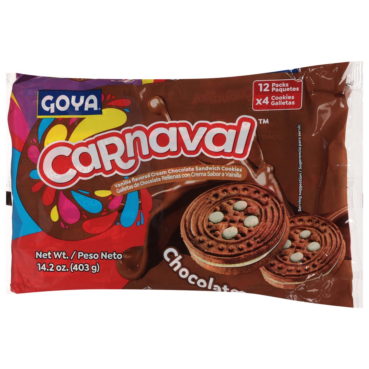slide 11 of 14, Goya Carnaval Chocolate Sandwich Cookies 12 - 4 Cookie Packs, 14 oz