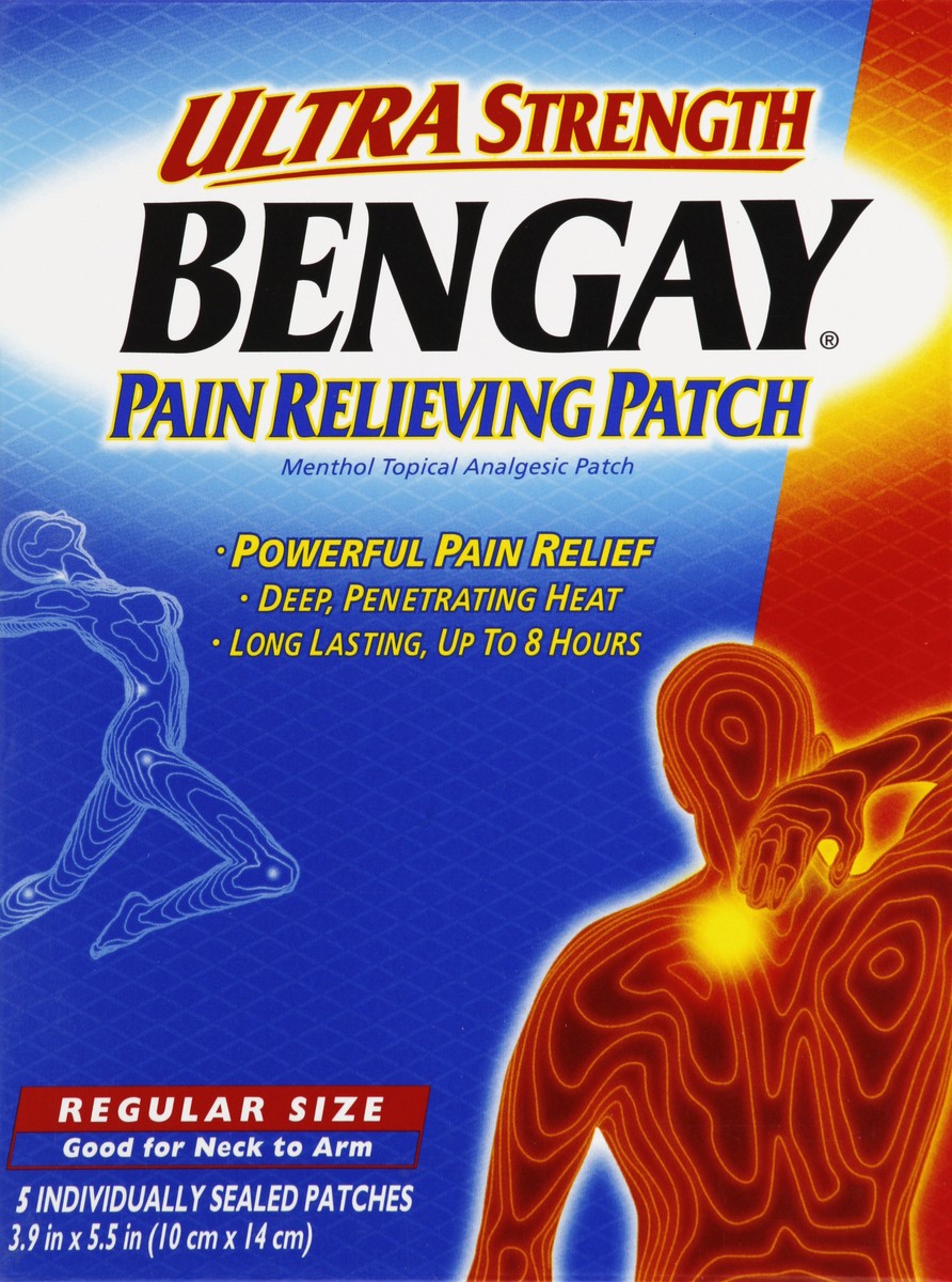 slide 6 of 6, BENGAY Ultra Strength Bengay Pain Relief Patch for Muscle, Pain, Regular 3.9 x 5.5 inches, 5 Count, 5 ct