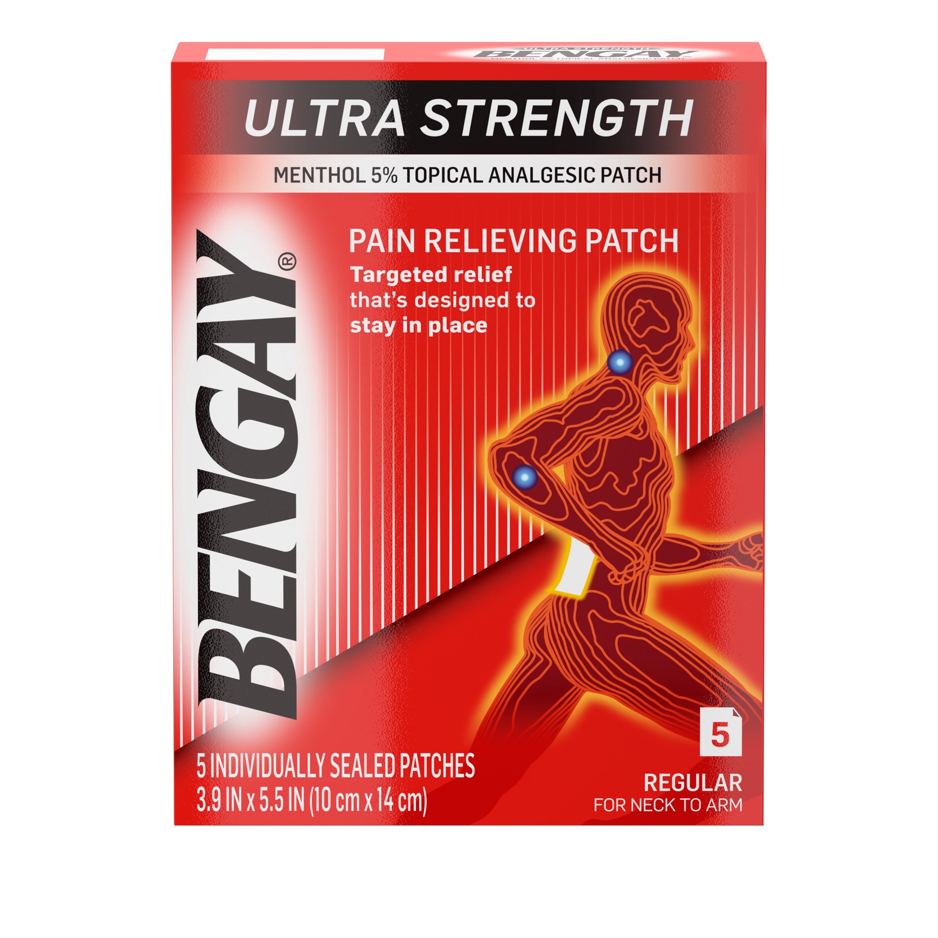 slide 1 of 6, BENGAY Ultra Strength Bengay Pain Relief Patch for Muscle, Pain, Regular 3.9 x 5.5 inches, 5 Count, 5 ct