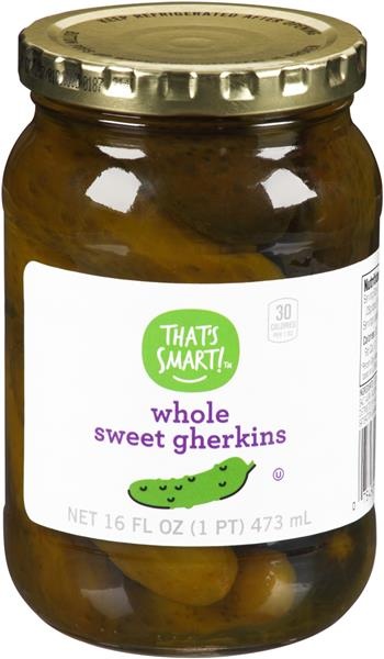 slide 1 of 1, That's Smart! Whole Sweet Gherkin Pickles, 16 fl oz