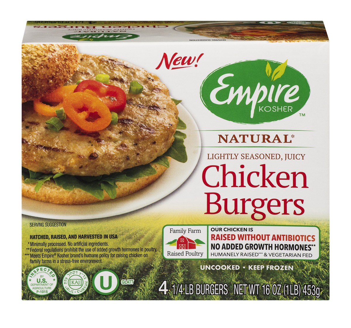 slide 1 of 10, Empire Kosher Lightly Seasoned Chicken Burgers, 16 oz