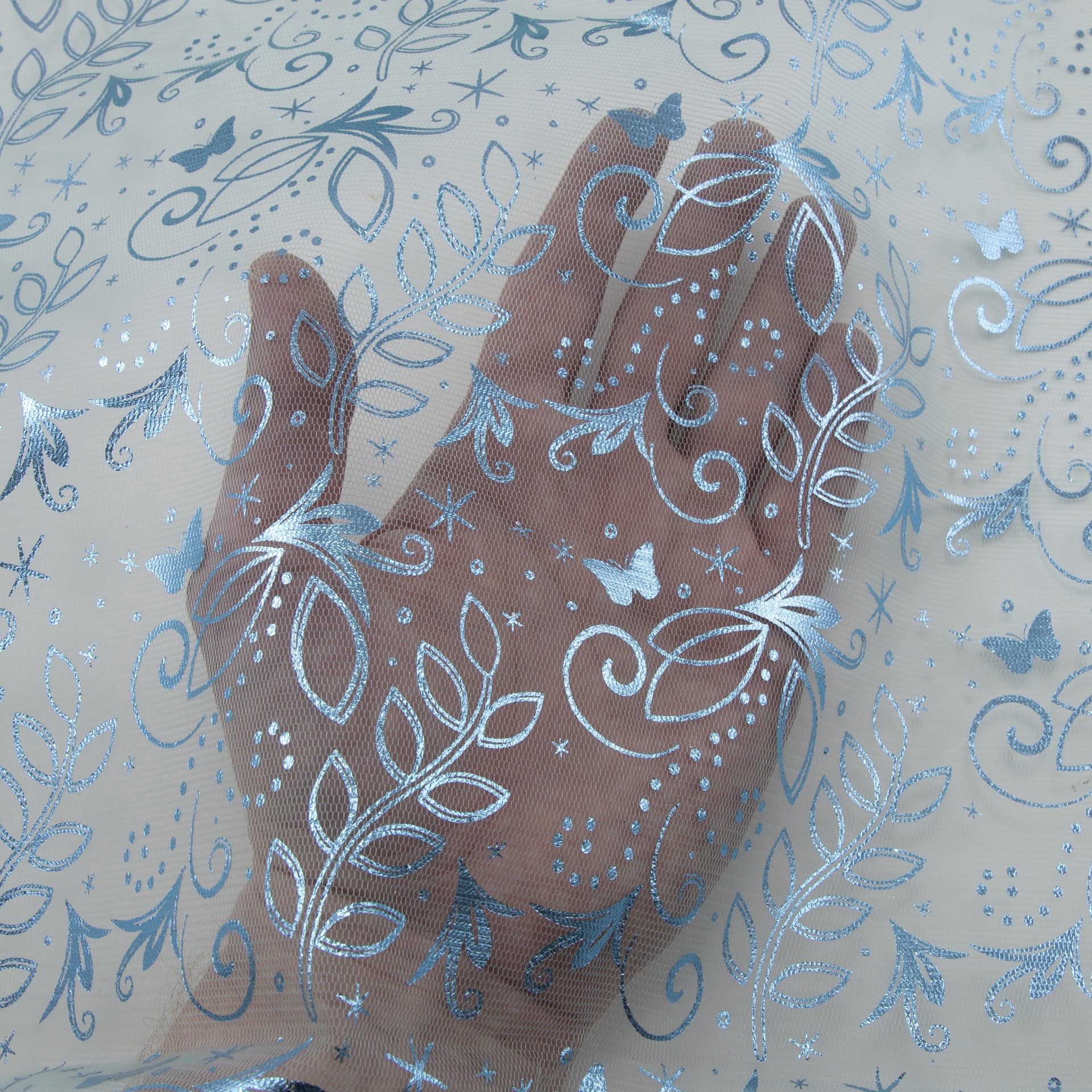 slide 3 of 4, Wyla Light Blue Butterfly Mesh Polyester Fabric, 60 in