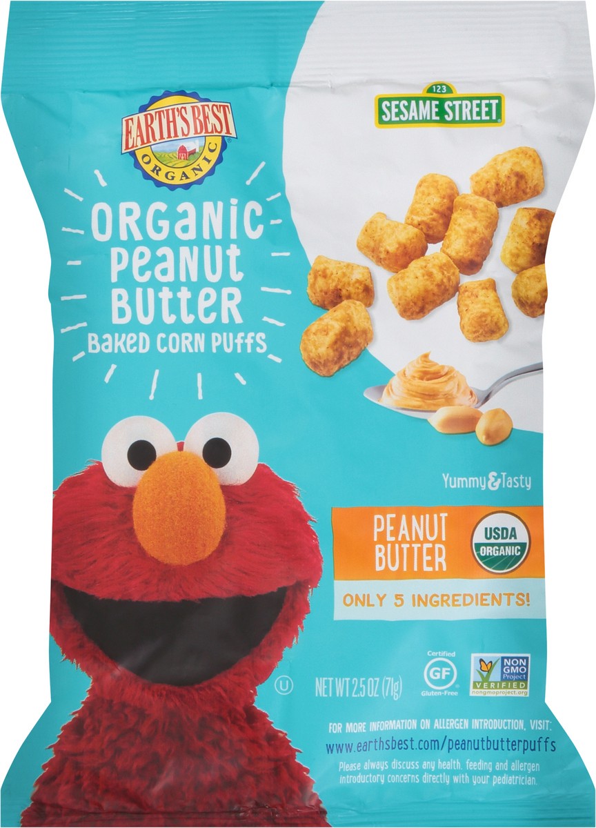 slide 3 of 10, Earth's Best Organic Sesame Street Organic Peanut Butter Baked Corn Puffs 2.5 oz. Bag, 5.3 / 2.7 / 2.5 oz