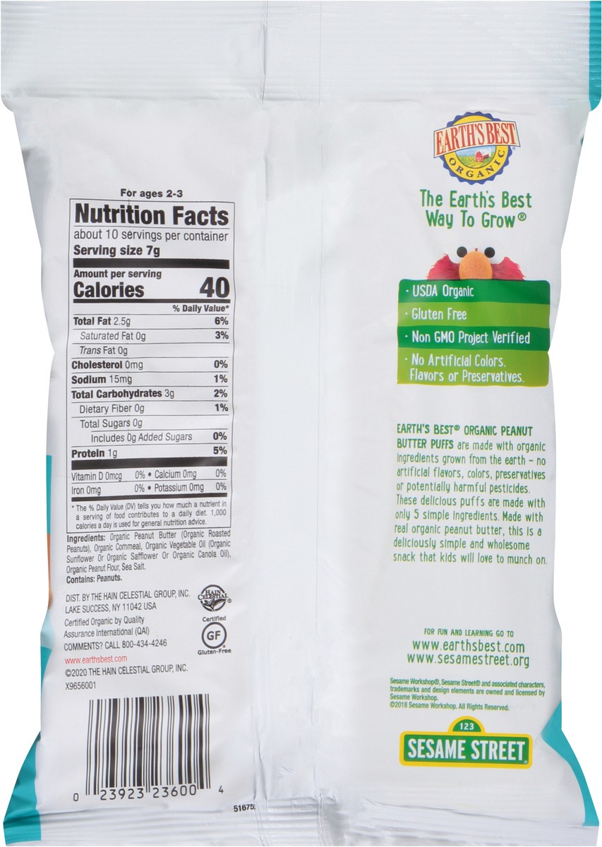 slide 8 of 10, Earth's Best Organic Sesame Street Organic Peanut Butter Baked Corn Puffs 2.5 oz. Bag, 5.3 / 2.7 / 2.5 oz