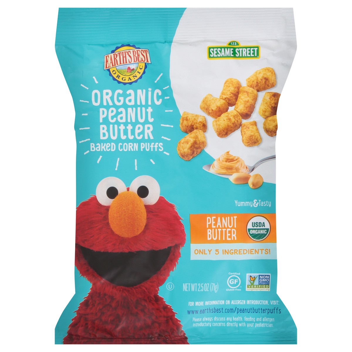 slide 1 of 10, Earth's Best Organic Sesame Street Organic Peanut Butter Baked Corn Puffs 2.5 oz. Bag, 5.3 / 2.7 / 2.5 oz