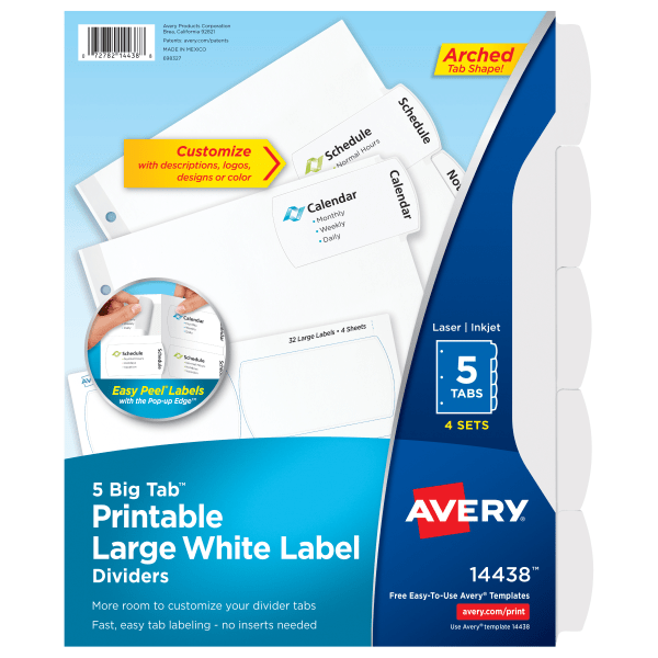 slide 1 of 8, Avery Big Tab Printable Large Label Dividers with Easy Peel, White, 5-Tab, 4 ct; 8 1/2 in x 11 in